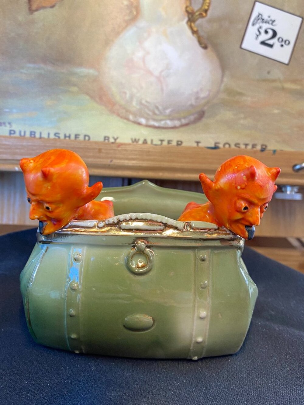 RARE! Antique German Porcelain Fairing Krampus Devil Twins in Green Purse